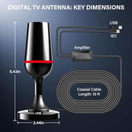Digital TV Aerial Indoor, TV Aerial Booster with Strong Magnetic Base, 4K 1080P HD Indoor TV Aerial, Support VHF UHF DAB Radio Fit All Televisions
