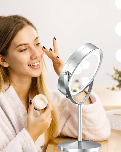 Espelho de Aumento com Iluminação Mor, Espelho de Maquiagem 20 CM, Espelho de Ampliação 1x/10x, Rotação 360°, Espelho de Mesa, Espelho de Aumento, Espelho de Maquiagem