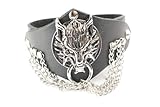 Punk Gothic Dragon w 3 row Chain Faux Black Leather Wide Bracelet Wristband Cuff