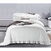 meadow park Stone Washed French Linen Duvet Cover Set 3 Pieces - Super Soft, Full/Queen 90 inches x 92 inches - Shams 20 inches x 26 inches, Ruffled Style - Button Closure - Corner Ties, White Color
