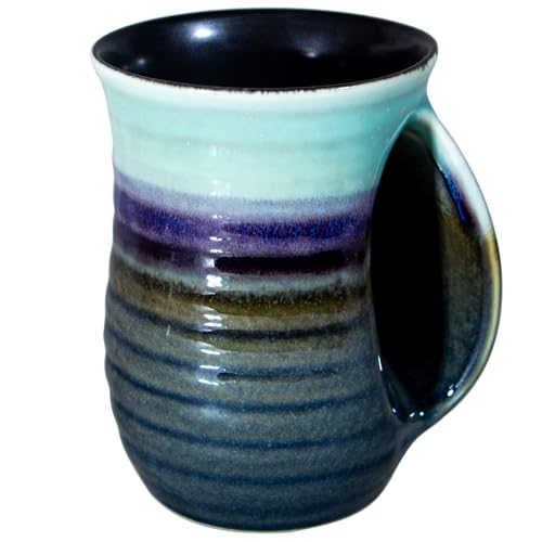 Icytrip Hand Warmer Mug,18 Oz Handmade Pottery Hand Warming Coffee Mug Large with Pocket Right Handed (Blue/Green)