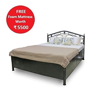Royal Interiors Metal Queen Size Bed With Foam Mattress and Hydraulic Storage (Matte Finish,Black)
