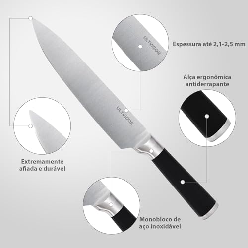ULTVIGOR Conjunto de Facas 5 Peças, 4CR13 Aço Inoxidável Afiado e Durável, Cabo antiderrapante, Corte Preciso para Cozinhas Domésticas, Inclui Faca de Chef, Santoku, Preto