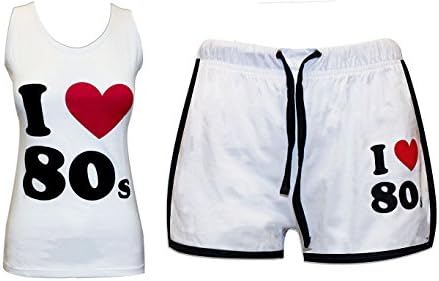 Oromiss Womens i Love The 80's Fancy Dress Rave Set Vest and Shorts Party Retro