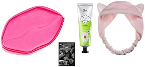 Beauty Gift Set Bundle(4pcs)Lovely&Cute! PU Lip MakeupPouch(Pink)+Acacia HandCream+Charcoal Facial Mask+CatEar HeadBand Kbeauty cosmetic bag set by 3grace