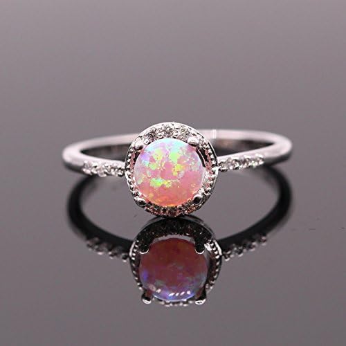 Silver Plated Ring Fine Round White Opal Crystal Ring Jewelry Stone Zircon Ring (9, Silver Plated Pink)