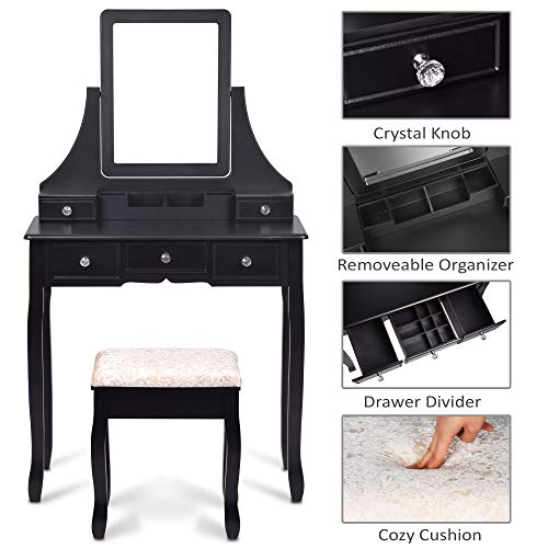 Amooly Vanity Set with Mirror,5 Large Sliding Drawers, Removable Makeup Organizer,Cushioned Stool Dressing Table Vanity Makeup Table Black
