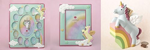 Nursery Room Decor Set - Includes First Year Collage Picture Frame, 6x4 Oval Photo Frame &amp; Baby’s First Piggy Bank - The Perfect Baby Shower Gift (UNICORN)
