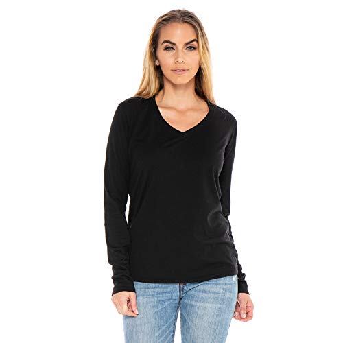 Women's Lightweight 100% Organic Cotton Long Sleeve V-Neck Tshirt Boyfriend-Fit - Made in USA (Black, X-Large)