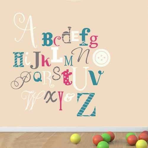 Alphabet Vinyl Wall Decal Children Vinyl Wall Art Playroom Baby Nursery Wall Sticker Fun and Crazy Alphabet (White+teal+blush+gray,l)