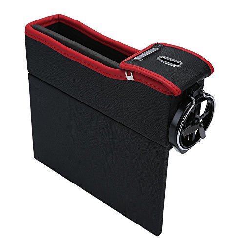 niceEshop(TM) Console Side Pocket, Leather Car Seat Gap Catcher with Coin Organizer and Cup Holder, Black and Red, 1Pcs, Left