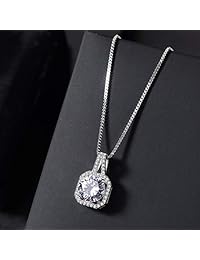 SENCLE 925 Sterling Silver with 18K White Gold Plated Cubic Zirconia Square Halo Pendant Necklace for Women and Girls
