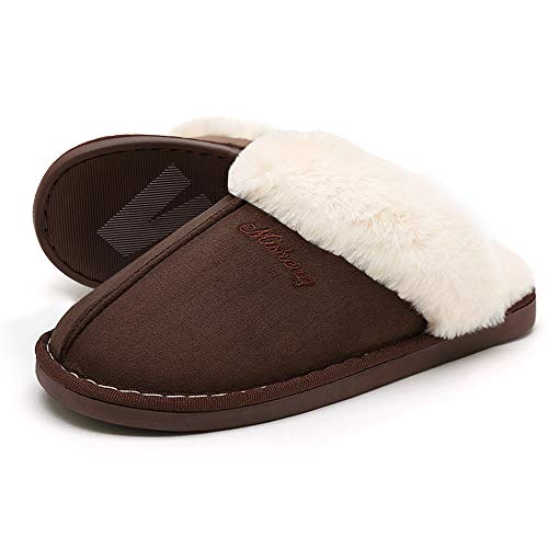 SOSUSHOE Women Slippers Fluffy Fur Slip On House Slippers Soft and Warm House Shoes for Indoor Outdoor, Deep Brown, 9.5-10.5