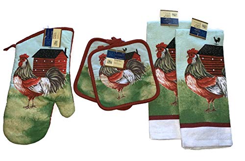 Home Collection Country Farm Rooster Kitchen Towel Set with 2 Quilted Pot Holders, 2 Towels and 1 Oven Mitt