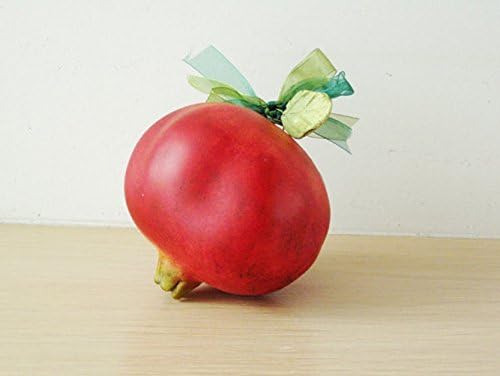 Red ceramic pomergranate, life size, green leaves, green organza ribbon, hand painted with eco paint and varnish