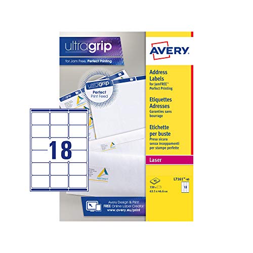 Avery L7161-40 Self-Adhesive Address/Mailing Labels, 18 Labels Per A4 Sheet