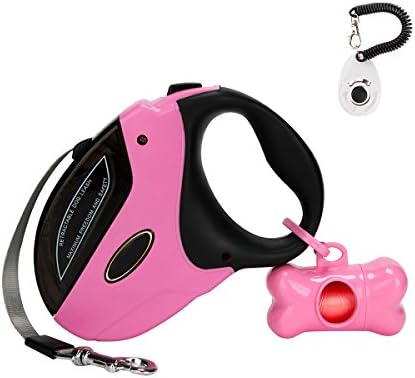 Retractable Dog Leash, 16 ft Dog Walking Leash for Medium Large Dogs up to 110lbs, Tangle Free, One Button Break &amp; Lock , Dog Waste Dispenser Bags and Training Clicker included (Pink)