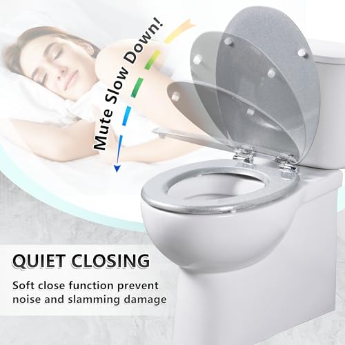 Angel Shield Glitter Toilet Seat Molded Wood Toilet Seat, Quiet Close with Quick Release Adjustable Hinges 45x37cm Oval, Fits EU Bottom-Mount Toilets (Silver Glitter)