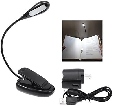 Rechargeable Extra-Bright 4 LED Reading Light with Clip On and 2 Brightness Settings Bundle with USB Cable &amp; UL Certified AC Charger (Black)