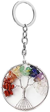 Friend Party Fashion Jewelry Gift Round Trust Love Hope Dream Pendant Key Chain Key Ring with Elephant or Tree of Life Gift Bag Included (Tree Rainbow Gemstone)