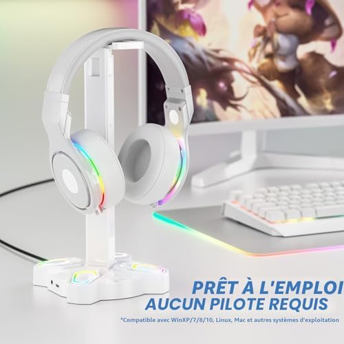 Support Casque Gamer, Porte Casque Rotatif avec 9 Modes de Lumière, Support Manette avec 2 Ports USB, Port 3.5 mm et Type C, Repose Casque & Porte Manette pour PS5 PS4 Xbox Series X One; Blanc