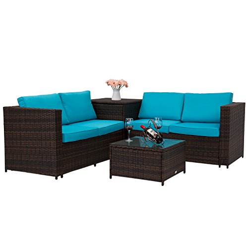 Outdoor Rattan Wicker Sofa Set Garden Patio Furniture with Blue Cushion Seat Set Lawn Storage Table