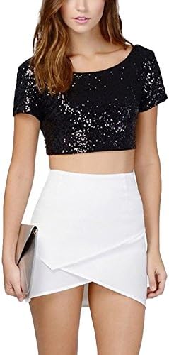VERYCO Women Sequin Crop Top Short Sleeve Scoop Neck Pullover T Shirt Blouse Tee Tops
