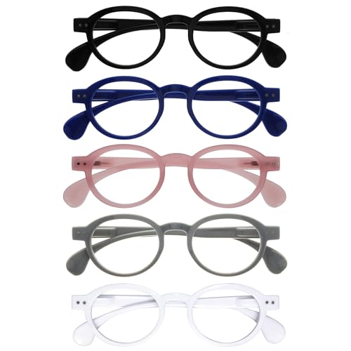 OPULIZE OCA Reading Glasses - 5-Pack - Modern Retro Round Frame - Black Blue Pink Grey White - Mens Womens - Spring Hinges - RRRRR54-1347W - +3.00