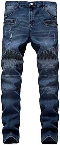 Men's Ripped Straight Fit Stretch Biker Jeans with Zipper Deco Denim Jean (W38, 56 Blue)