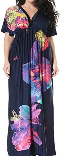 QYQS Women's Plus Size Flower Print V-Neck Summer Beach Maxi Dress Short Sleeves High Waist Blue XXXXX-Large