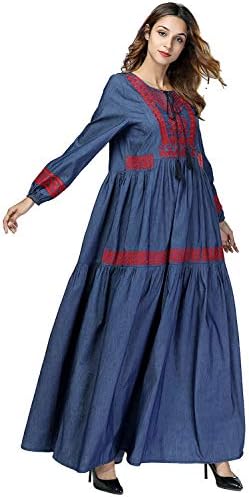 MEYINI Women Kaftan Long Dresses Islamic Embroidered Long Sleeve Dress Casual Muslim Abaya Abra Loose Robe