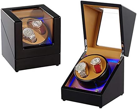 GUOSJ Mute Automatic Double Watch Winder with LED Light, Dual Watch Rotator Watch Storage Box Black and Brown