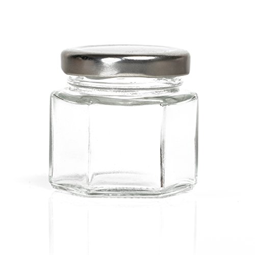 Hexagon Glass Jars by Nellam - 4oz, 12 Pack. Includes 24 Chalk Sticker Labels and 2x Chalk Pen. DIY Jars for Canning, Party Favors, Jams, Sauces, Herbs, Spices. (Silver Lid - 12 Pcs) - Thumbnail 3