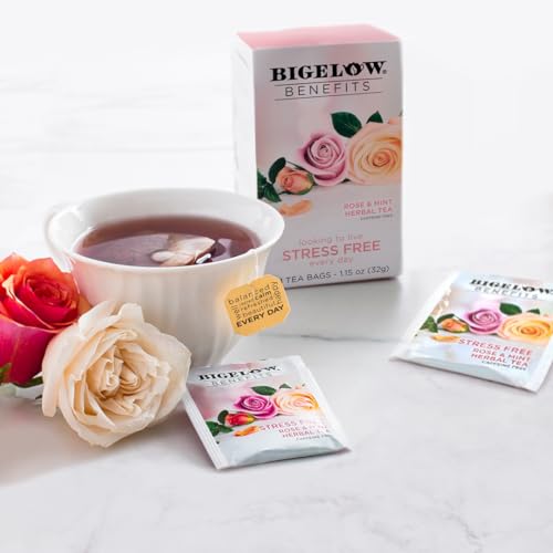 Bigelow Benefits Stress Free Rose & Mint Herbal Tea, Caffeine Free, 18