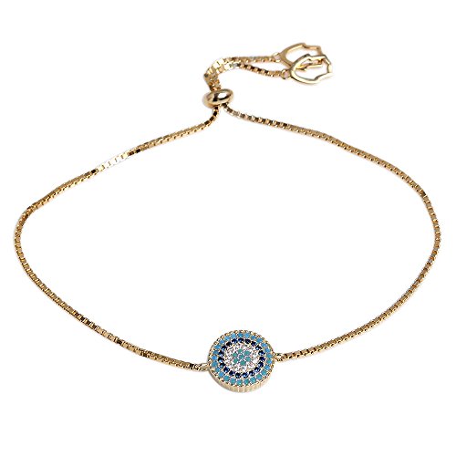 Evil Eye Bracelets Hamsa Hand of Fatima Sterling Silver 925 in Gold Plated Cubic Zirconia Box Chain 10