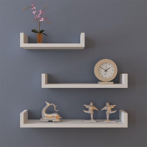 Hindom U Shape Floating Wood Wall Shelves Set of 3 Storage Display Shelf DIY, Black (US Stock) (White-6469)