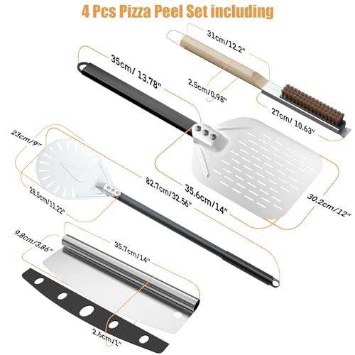 4 Piece Pizza Set - Perforated Pizza Peels 30 cm + 9 Inch Round Aluminium Pizza Peel + Professional Pizza Cutter + Cleaning Brush for Pizza Oven Made of Palm Fibre Bristles