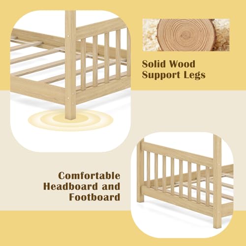 GORELAX Twin Bed Frame, Low Floor Kid House Bed with Roof, Montessori Floor Bed, Headboard & Footboard, No Box Spring Needed, Wood Twin Size Platform Bed Frame for Boys, Girls (Natural, Twin)