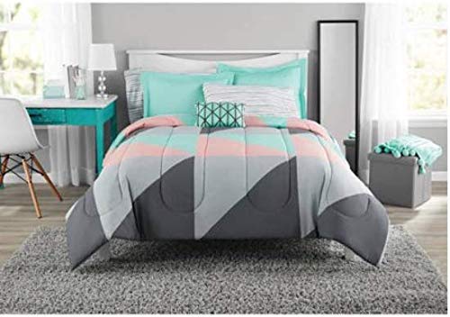Fun and Bold Mainstays Gray and Teal Bed in a Bag Modern Comforter Set, Geometric Triangle Print with Teal Blue Gray and Pink Coral, Great for Dorms and Kid's Rooms! (Queen) Fun and Bold Mainstays Gray and Teal Bed in a Bag Modern Comforter Set, Geometric Triangle Print with Teal Blue Gray and Pink Coral, Great for Dorms and Kid's Rooms! (Queen)