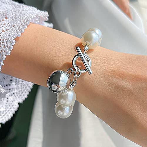 CHANBO 2 Pairs Silver Pearl Bracelet for Women\'s Girl, Pearl Pendant Jewelry Bracelet Silver Chain Beaded Women\'s Bracelet