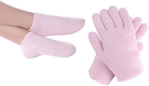 FOCUSAIRY Moisturizing Skincare Spa Gel Socks Gloves Set for Softening Dry Hard Cracked Heel Feet and Hands (Pink)