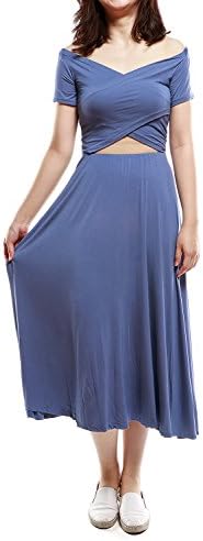 Avoir Aime Super Soft Short Sleeve Off Shoulder Bare Midriff Maxi Dress - Cornflower Blue