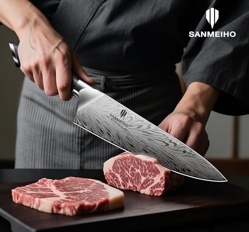 SANMEIHO Professional Kitchen Knife Set 5 Pieces, Japanese Powder Steel 63 HRC, Ultra Sharp Kitchen Knife Set 12°, Natural Wood Handle