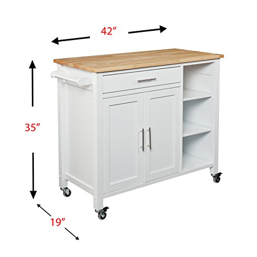 Southern Enterprises Rolling Kitchen Cart Island - Fixed Shelves w/Cabinet - White Finish w/Wood Top