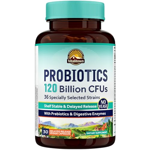 Vitalitown Probióticos 120 Mil Millones De Ufc | 36 Cepas, Con Prebióticos Y Enzimas Digestivas Para Hombres Y Mujeres | Estante Estable | Apoyo Digestivo E Inmunológico | Vegano, Sin Omg | 30 Tapas Vegetales De Liberación Retardada