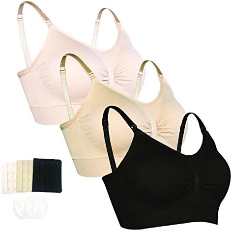 Jovannie 3PACK Nursing Bra Full Bust Seamless Nursing Maternity Bras S-XL with Extra Bra Extenders &amp; Clips Bralette (Black-Nude-Pink, XL)