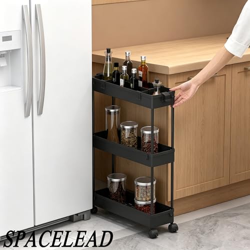 SPACELEAD Slim Storage Cart,3 Tier Bathroom Rolling Utility Cart Storage Organizer Slide Out Cart, Mobile Shelving Unit Organizer Trolley for Office Bathroom Kitchen Laundry Room Narrow Places, Black