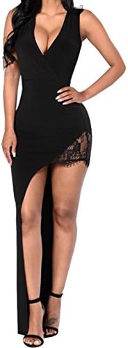 Merry21 Women's Sleeveless V Neck High Slit Tight Long Cocktail Dress Black L