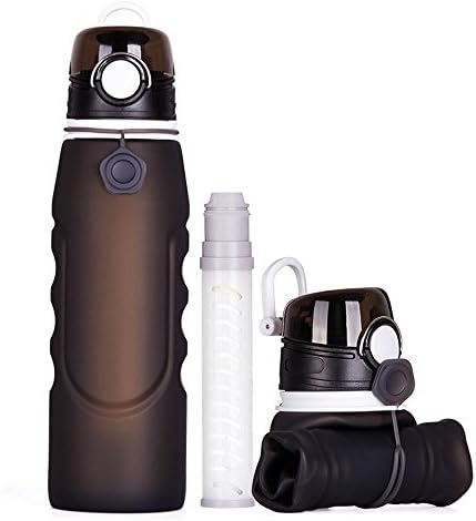 ITRAZ 1000ml 35oz Silicone Eco-Friendly Portable Collapsible Foldable Water Bottle Water Filtration Straw Lightwight Food Grade BPA Free Leak Proof Bottle Travel Sports Outdoor Camping Hiking