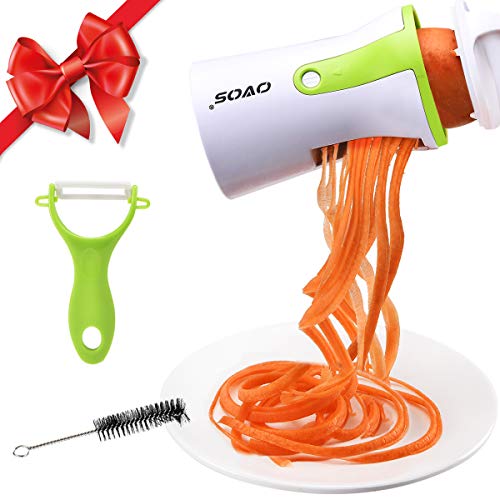 OVOS Veggie Pasta Spaghetti Maker Cucumber Carrot Zucchini Noodle Maker Spiralizer Vegetable Spiral Slicer, Ceramic Vegetable Peeler and Flexible Cleaning Brush for Extra Bonus